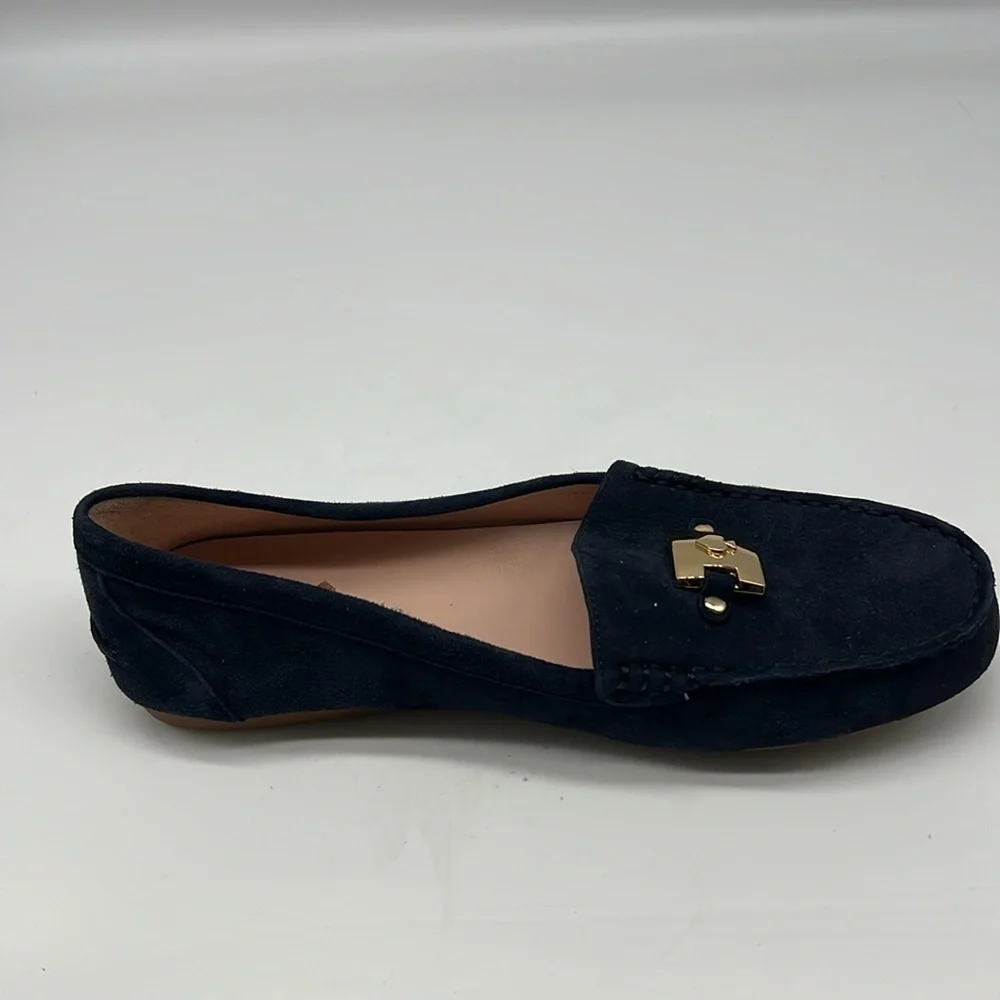 Kate Spade - Carmen Navy Suede Gold Logo Round Toe Driving Loafer Size 8
